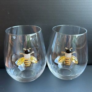 Jeweled Bees Stemless Wine Glasses w 3D Bumble Bees and Rhinestones Set of 2